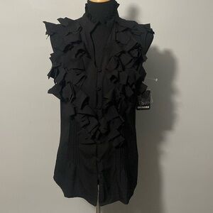 Dimri Women’s Black Sleeveless High Ruffle Collar V-Neck Blouse Sz L NWT